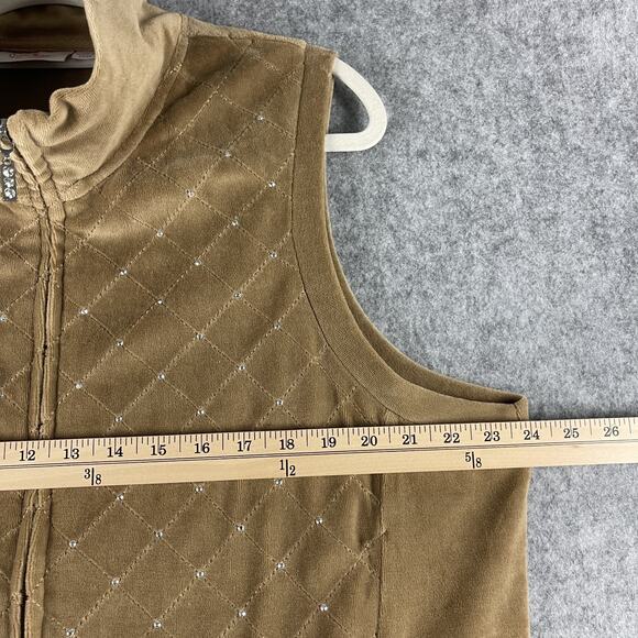 Quacker Factory Velour Vest Women XL Tan Rhinestone Bling Full Zip Quilted Artsy - Picture 9 of 14